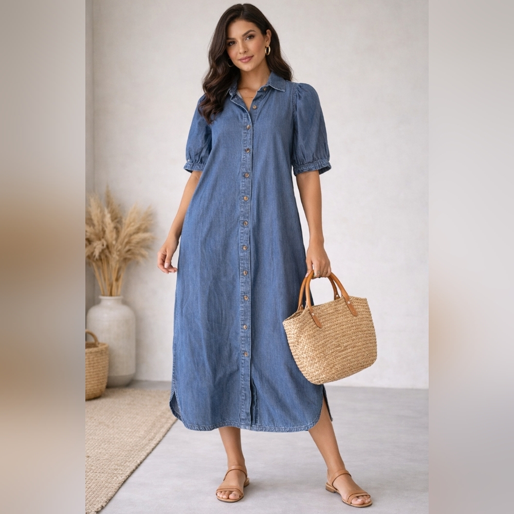 Denim Blue Button-Up Dress ANN TAYLOR